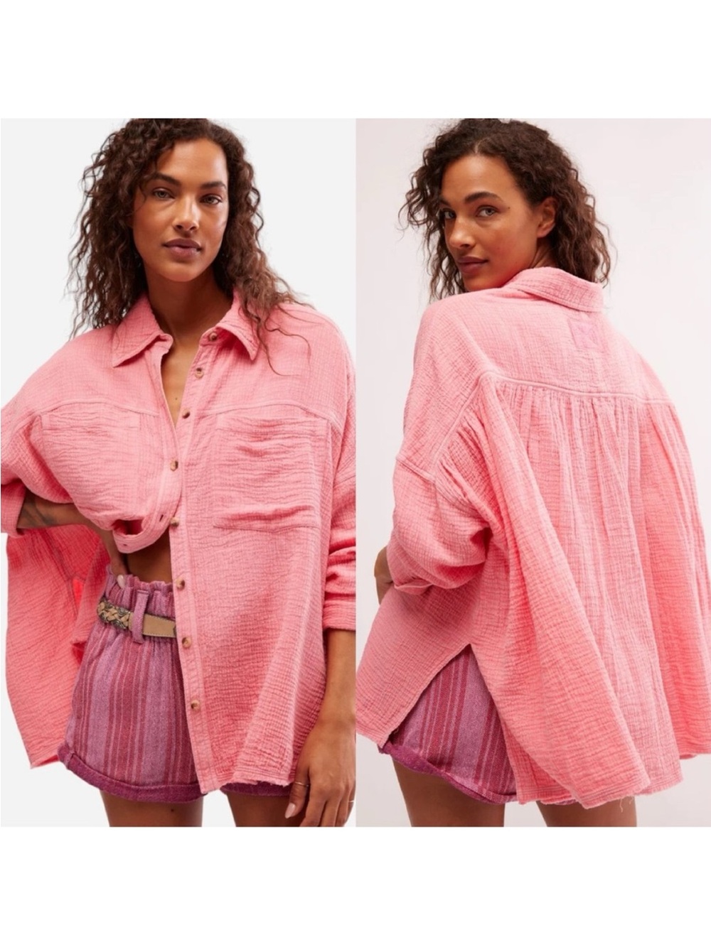 Free People We The Free Cardiff Top Cotton Gauze Button up Shirt Pinky Promise